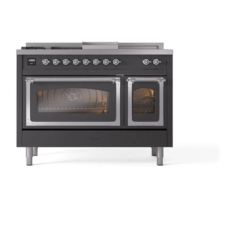 Ilve UN48FSNMPMGCLP Ilve Un48Fsnmpmgclp Nostalgie Ii Noblesse 48" Dual Fuel Range (5 Sealed Burners   Griddle   French Top, Liquid Propane, Triple Glass Door, Graphite Matte, Chrome)