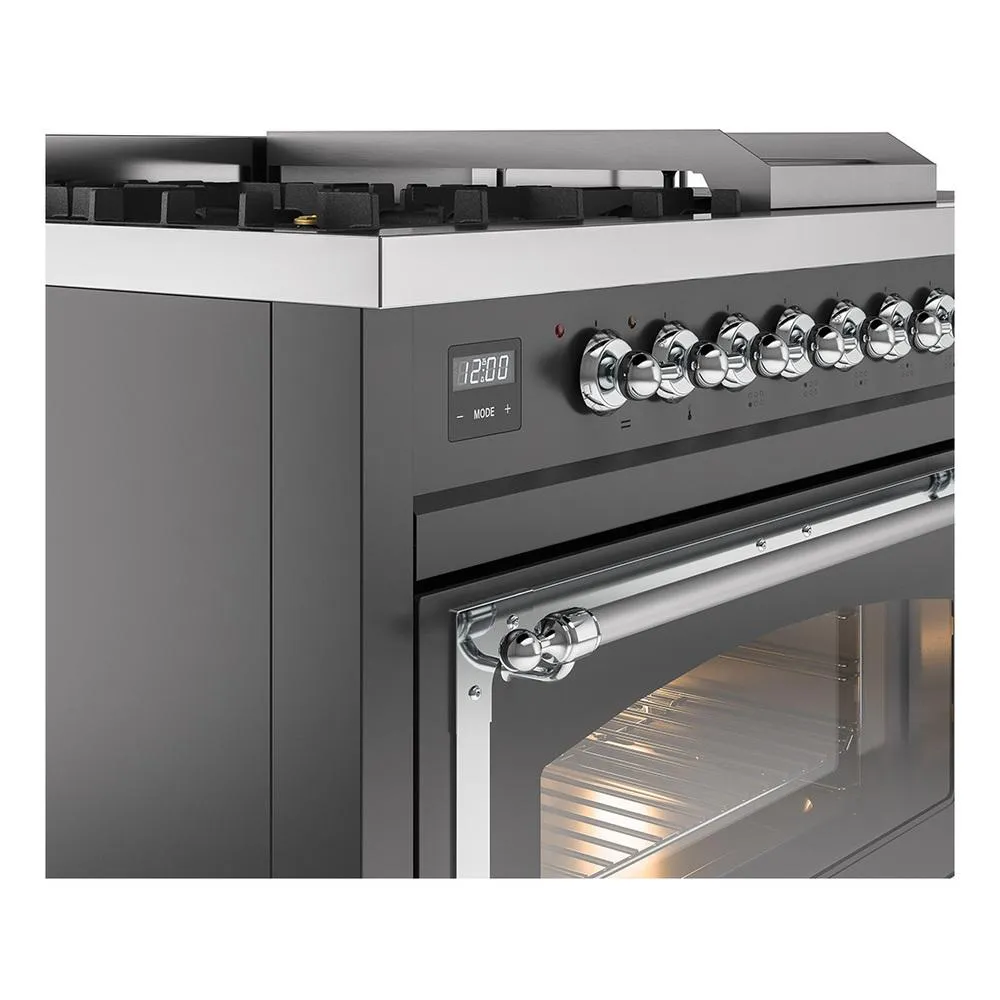 Ilve UN48FSNMPMGCLP Ilve Un48Fsnmpmgclp Nostalgie Ii Noblesse 48" Dual Fuel Range (5 Sealed Burners   Griddle   French Top, Liquid Propane, Triple Glass Door, Graphite Matte, Chrome)