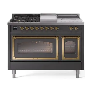 Ilve UN48FSNMPMGG Ilve Un48Fsnmpmgg Nostalgie Ii Noblesse 48" Dual Fuel Range (5 Sealed Burners   Griddle   French Top, Natural Gas, Triple Glass Door, Graphite Matte, Brass)