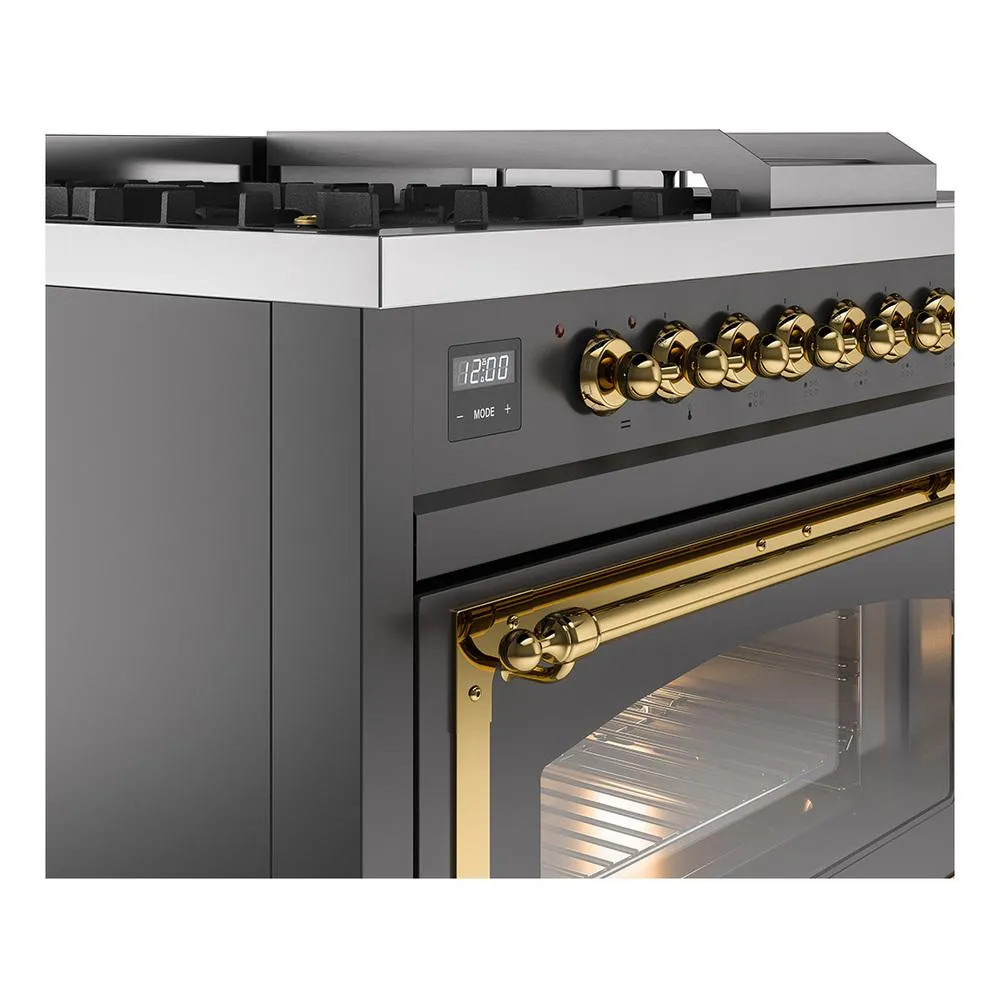 Ilve UN48FSNMPMGG Ilve Un48Fsnmpmgg Nostalgie Ii Noblesse 48" Dual Fuel Range (5 Sealed Burners   Griddle   French Top, Natural Gas, Triple Glass Door, Graphite Matte, Brass)