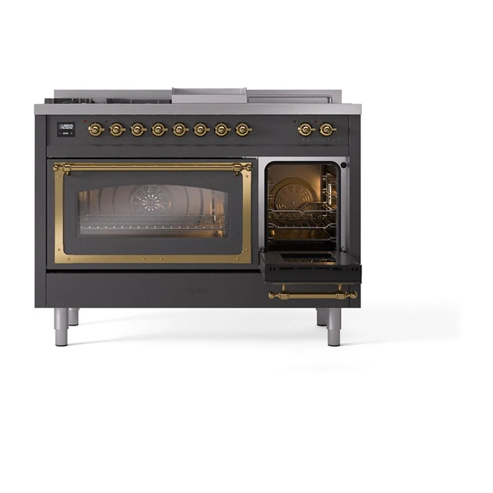 Ilve UN48FSNMPMGG Ilve Un48Fsnmpmgg Nostalgie Ii Noblesse 48" Dual Fuel Range (5 Sealed Burners   Griddle   French Top, Natural Gas, Triple Glass Door, Graphite Matte, Brass)