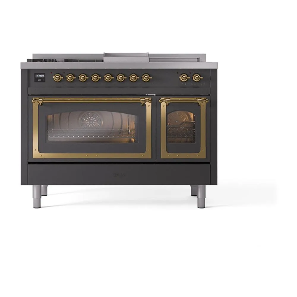 Ilve UN48FSNMPMGG Ilve Un48Fsnmpmgg Nostalgie Ii Noblesse 48" Dual Fuel Range (5 Sealed Burners   Griddle   French Top, Natural Gas, Triple Glass Door, Graphite Matte, Brass)