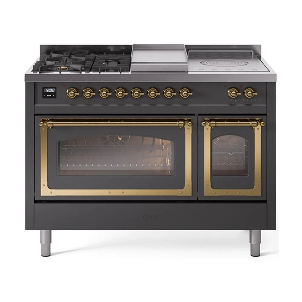 Ilve UN48FSNMPMGG Ilve Un48Fsnmpmgg Nostalgie Ii Noblesse 48" Dual Fuel Range (5 Sealed Burners   Griddle   French Top, Natural Gas, Triple Glass Door, Graphite Matte, Brass)