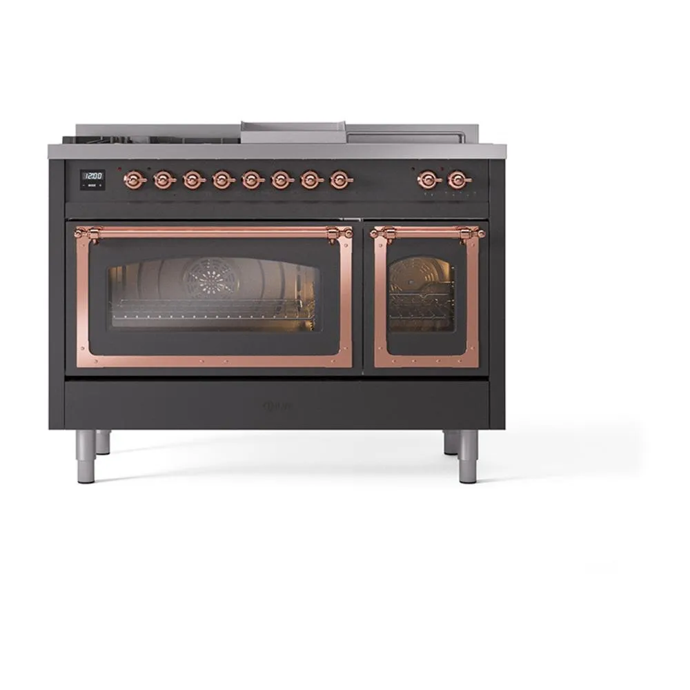 Ilve UN48FSNMPMGP Ilve Un48Fsnmpmgp Nostalgie Ii Noblesse 48" Dual Fuel Range (5 Sealed Burners   Griddle   French Top, Natural Gas, Triple Glass Door, Graphite Matte, Copper)