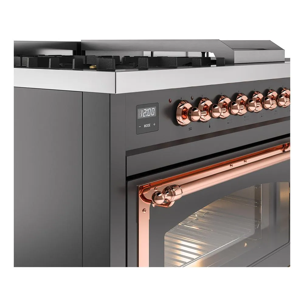 Ilve UN48FSNMPMGP Ilve Un48Fsnmpmgp Nostalgie Ii Noblesse 48" Dual Fuel Range (5 Sealed Burners   Griddle   French Top, Natural Gas, Triple Glass Door, Graphite Matte, Copper)