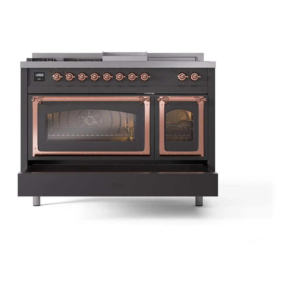 Ilve UN48FSNMPMGP Ilve Un48Fsnmpmgp Nostalgie Ii Noblesse 48" Dual Fuel Range (5 Sealed Burners   Griddle   French Top, Natural Gas, Triple Glass Door, Graphite Matte, Copper)