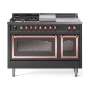 Ilve UN48FSNMPMGPLP Ilve Un48Fsnmpmgplp Nostalgie Ii Noblesse 48" Dual Fuel Range (5 Sealed Burners   Griddle   French Top, Liquid Propane, Triple Glass Door, Graphite Matte, Copper)