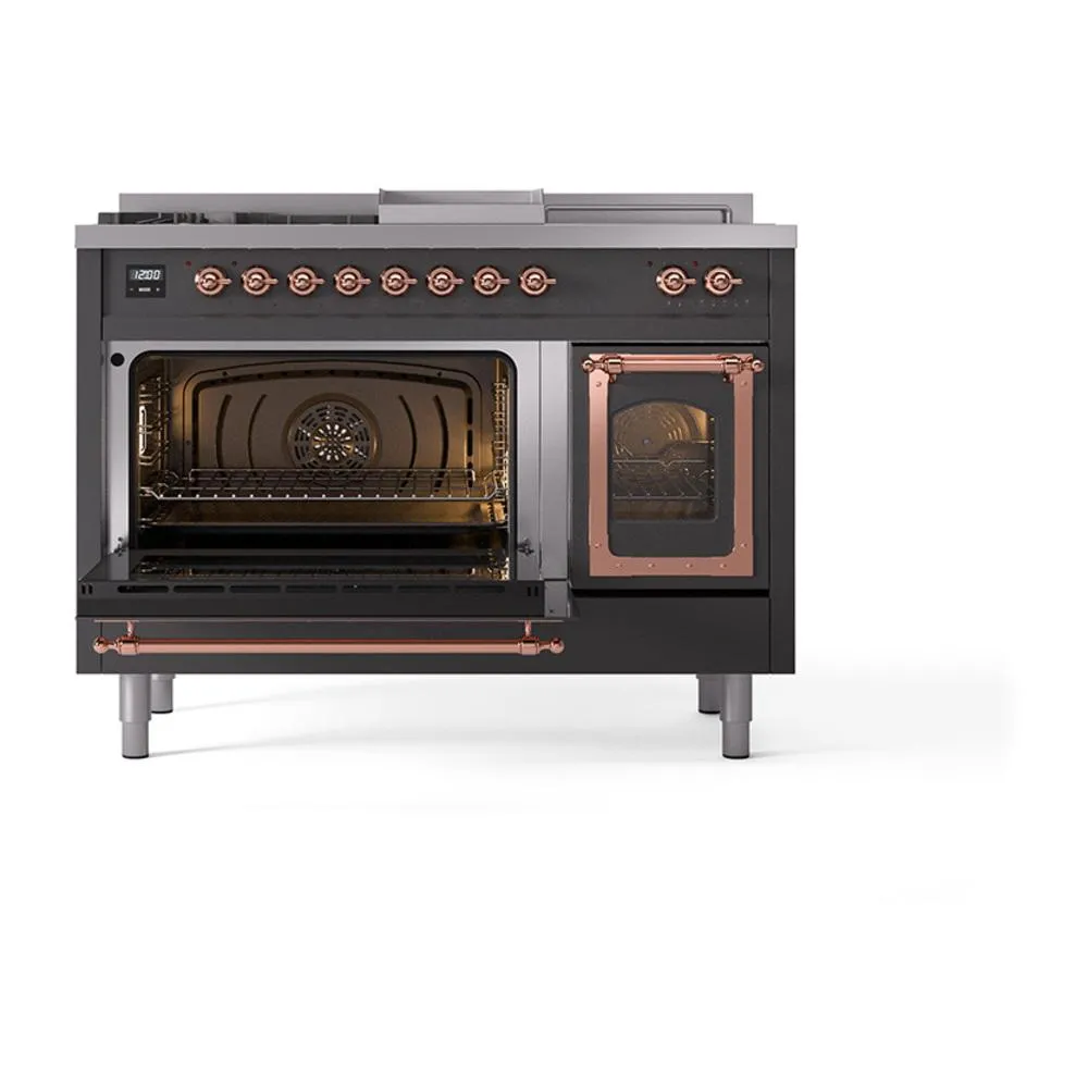 Ilve UN48FSNMPMGPLP Ilve Un48Fsnmpmgplp Nostalgie Ii Noblesse 48" Dual Fuel Range (5 Sealed Burners   Griddle   French Top, Liquid Propane, Triple Glass Door, Graphite Matte, Copper)