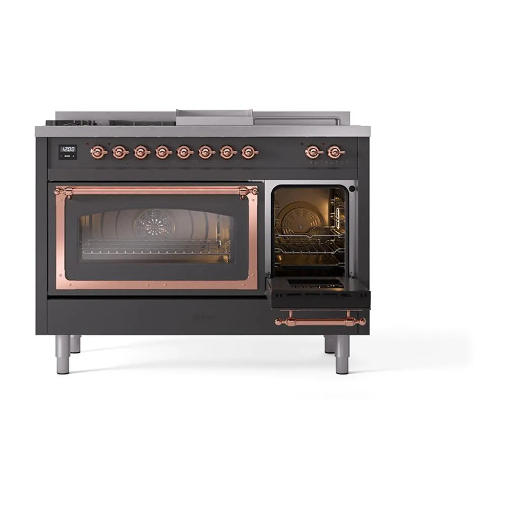 Ilve UN48FSNMPMGPLP Ilve Un48Fsnmpmgplp Nostalgie Ii Noblesse 48" Dual Fuel Range (5 Sealed Burners   Griddle   French Top, Liquid Propane, Triple Glass Door, Graphite Matte, Copper)