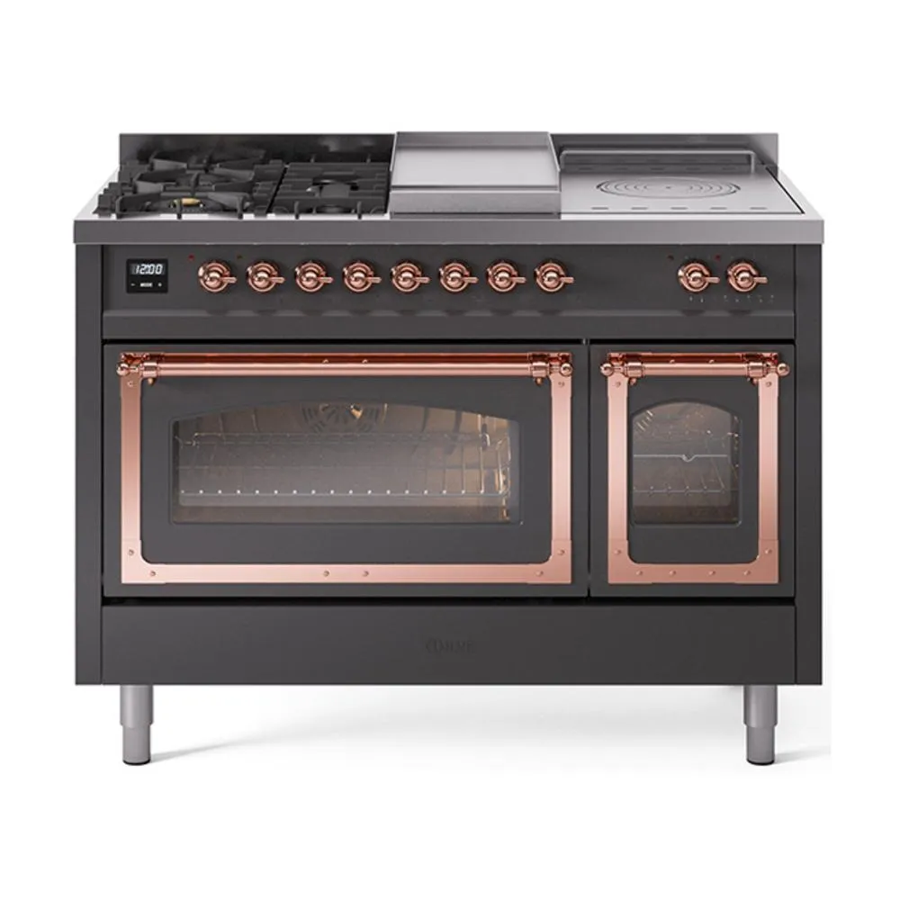 Ilve UN48FSNMPMGPLP Ilve Un48Fsnmpmgplp Nostalgie Ii Noblesse 48" Dual Fuel Range (5 Sealed Burners   Griddle   French Top, Liquid Propane, Triple Glass Door, Graphite Matte, Copper)