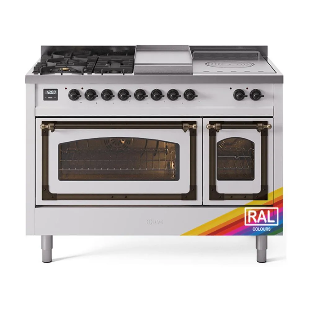 Ilve UN48FSNMPRAB Ilve Un48Fsnmprab Nostalgie Ii Noblesse 48" Dual Fuel Range (5 Sealed Burners   Griddle   French Top, Natural Gas, Triple Glass Door, Ral, Burnished)