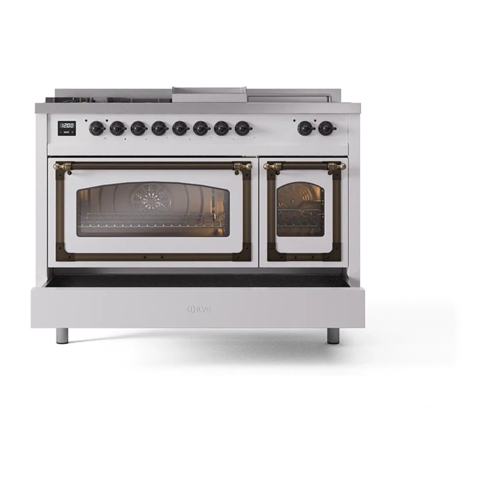 Ilve UN48FSNMPRABLP Ilve Un48Fsnmprablp Nostalgie Ii Noblesse 48" Dual Fuel Range (5 Sealed Burners   Griddle   French Top, Liquid Propane, Triple Glass Door, Ral, Burnished)