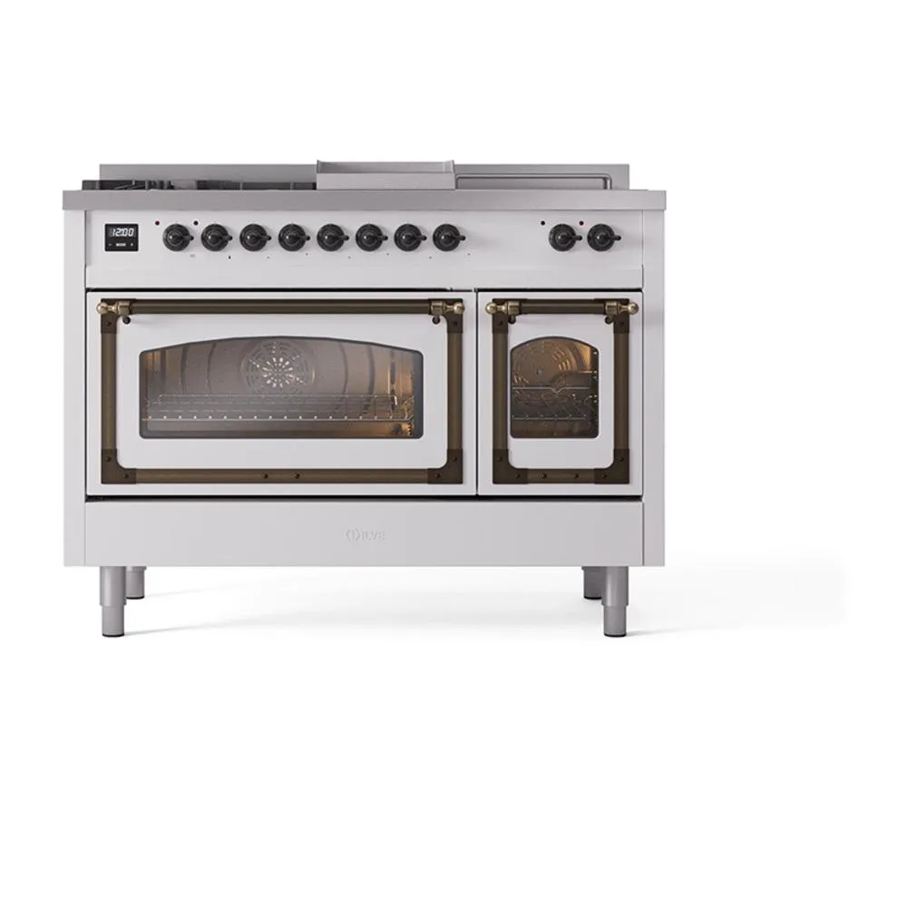Ilve UN48FSNMPRABLP Ilve Un48Fsnmprablp Nostalgie Ii Noblesse 48" Dual Fuel Range (5 Sealed Burners   Griddle   French Top, Liquid Propane, Triple Glass Door, Ral, Burnished)