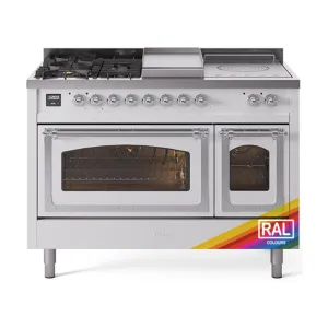 Ilve UN48FSNMPRACLP Ilve Un48Fsnmpraclp Nostalgie Ii Noblesse 48" Dual Fuel Range (5 Sealed Burners   Griddle   French Top, Liquid Propane, Triple Glass Door, Ral, Chrome)