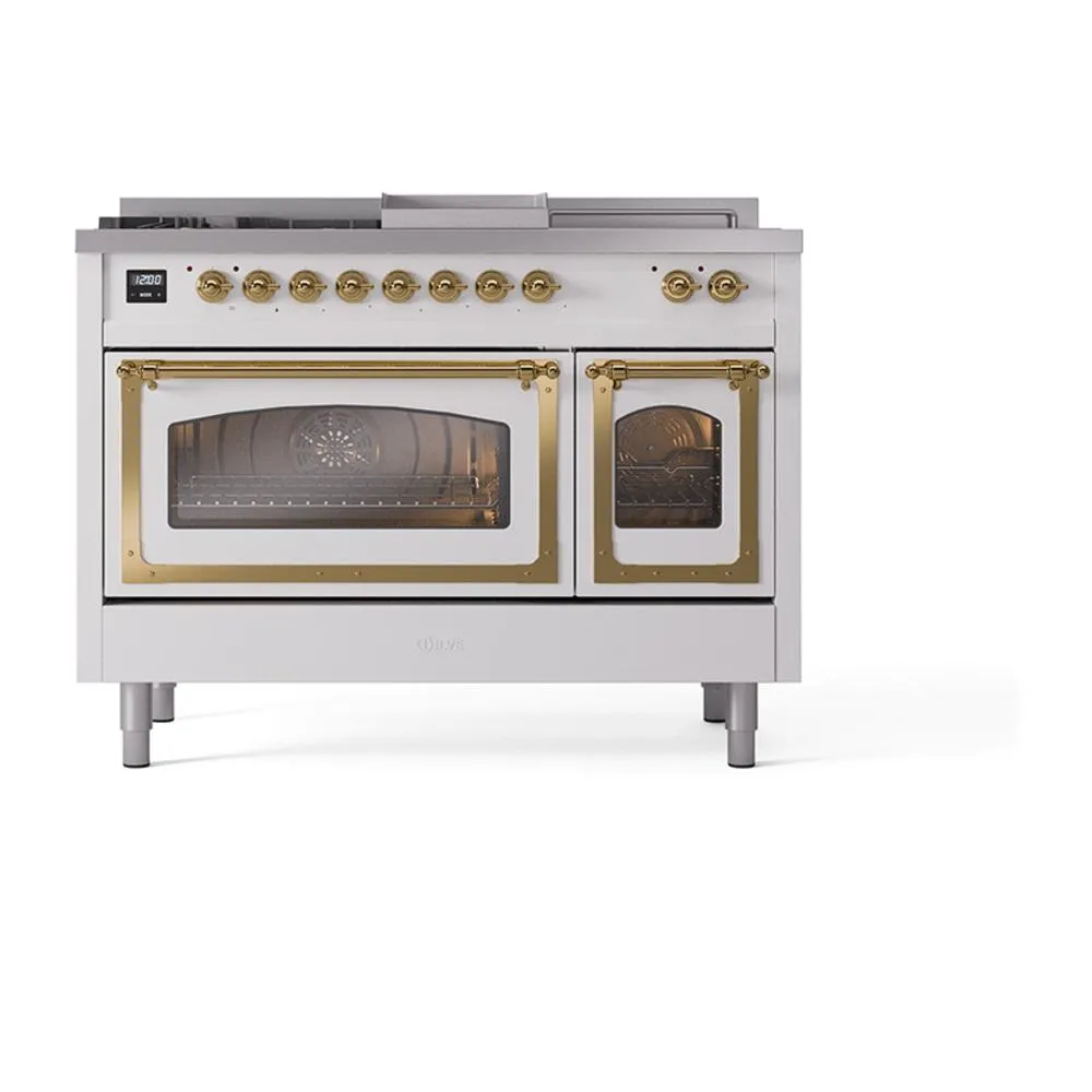 Ilve UN48FSNMPRAGLP Ilve Un48Fsnmpraglp Nostalgie Ii Noblesse 48" Dual Fuel Range (5 Sealed Burners   Griddle   French Top, Liquid Propane, Triple Glass Door, Ral, Brass)