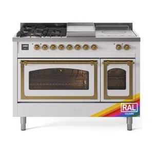 Ilve UN48FSNMPRAGLP Ilve Un48Fsnmpraglp Nostalgie Ii Noblesse 48" Dual Fuel Range (5 Sealed Burners   Griddle   French Top, Liquid Propane, Triple Glass Door, Ral, Brass)