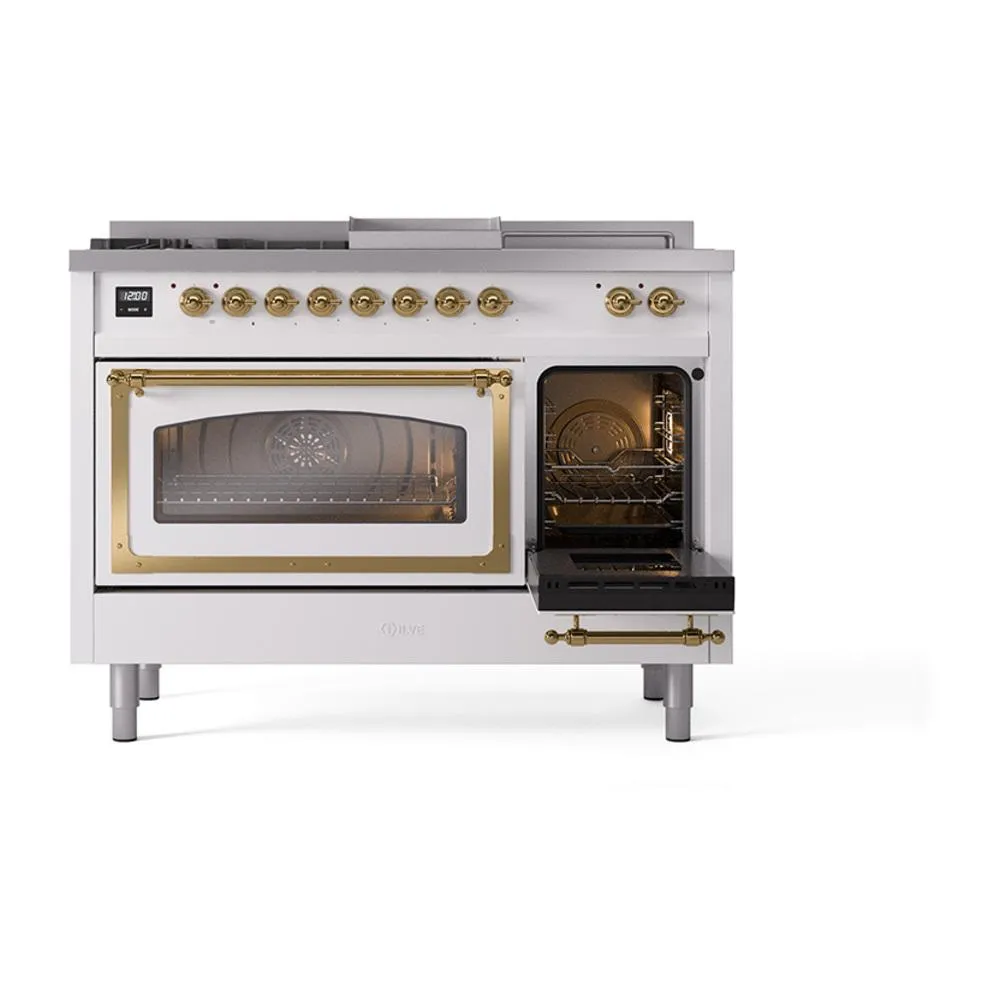 Ilve UN48FSNMPRAGLP Ilve Un48Fsnmpraglp Nostalgie Ii Noblesse 48" Dual Fuel Range (5 Sealed Burners   Griddle   French Top, Liquid Propane, Triple Glass Door, Ral, Brass)