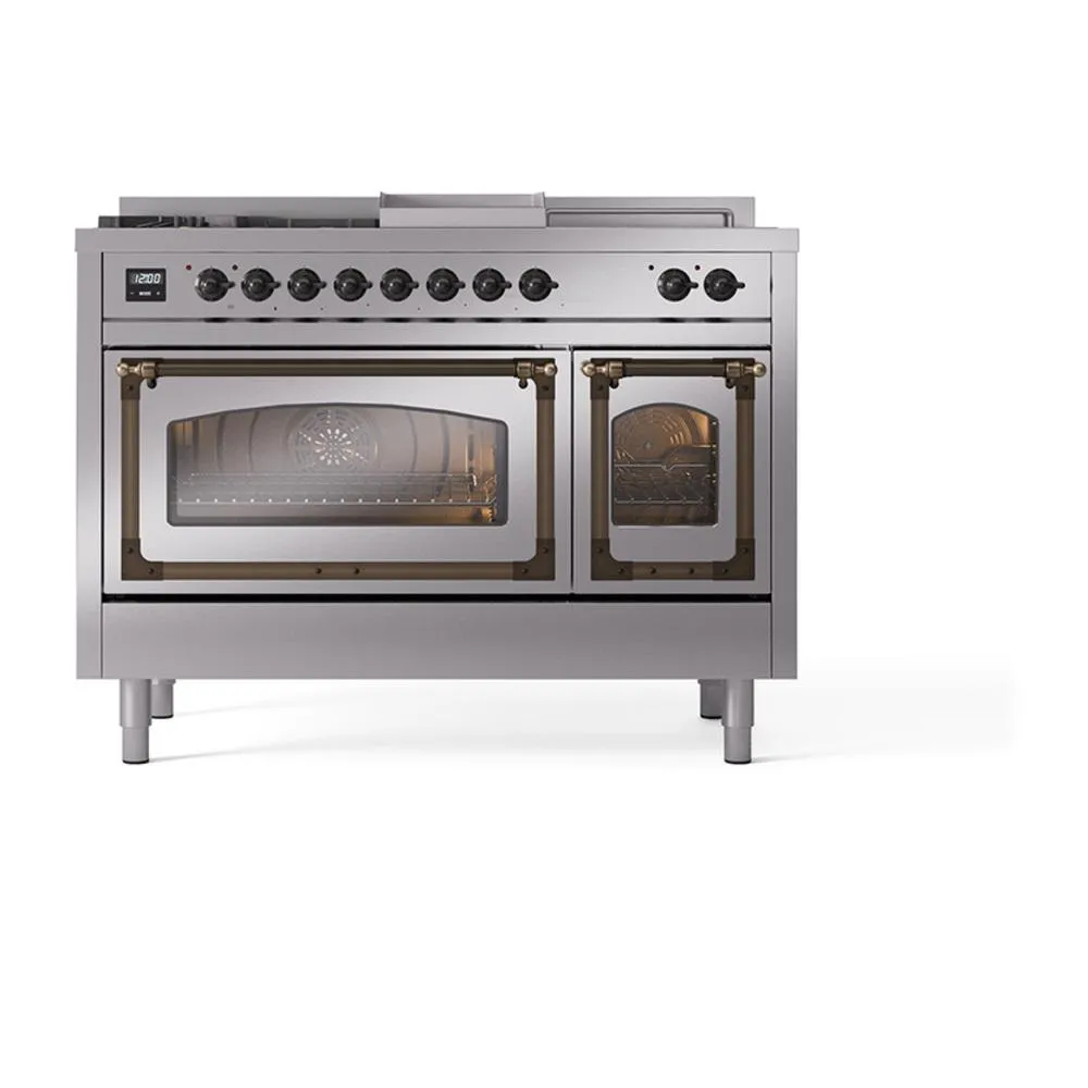 Ilve UN48FSNMPSSB Ilve Un48Fsnmpssb Nostalgie Ii Noblesse 48" Dual Fuel Range (5 Sealed Burners   Griddle   French Top, Natural Gas, Triple Glass Door, Stainless Steel, Burnished)