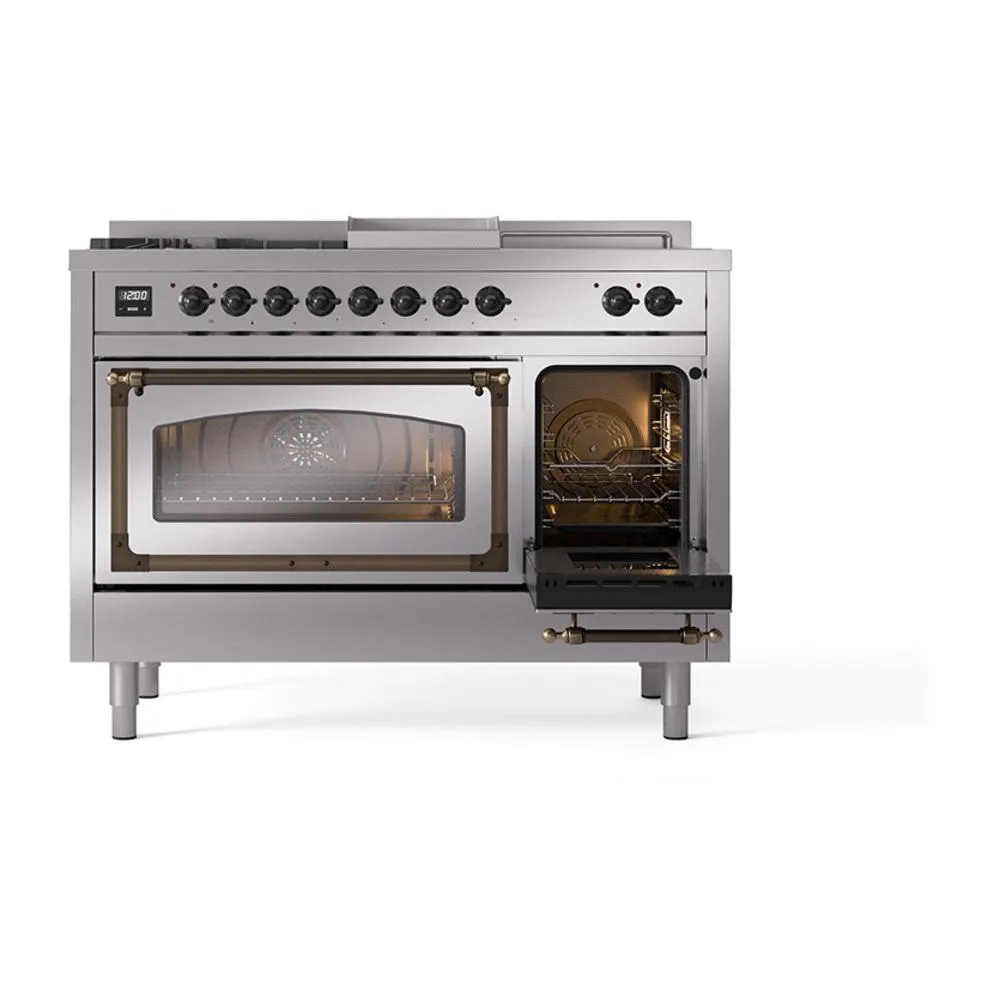Ilve UN48FSNMPSSBLP Ilve Un48Fsnmpssblp Nostalgie Ii Noblesse 48" Dual Fuel Range (5 Sealed Burners   Griddle   French Top, Liquid Propane, Triple Glass Door, Stainless Steel, Burnished)