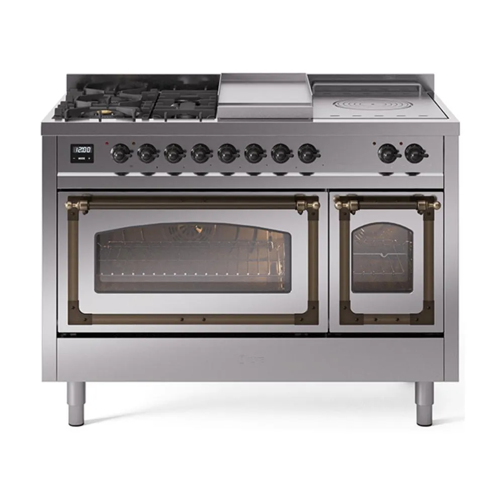Ilve UN48FSNMPSSBLP Ilve Un48Fsnmpssblp Nostalgie Ii Noblesse 48" Dual Fuel Range (5 Sealed Burners   Griddle   French Top, Liquid Propane, Triple Glass Door, Stainless Steel, Burnished)