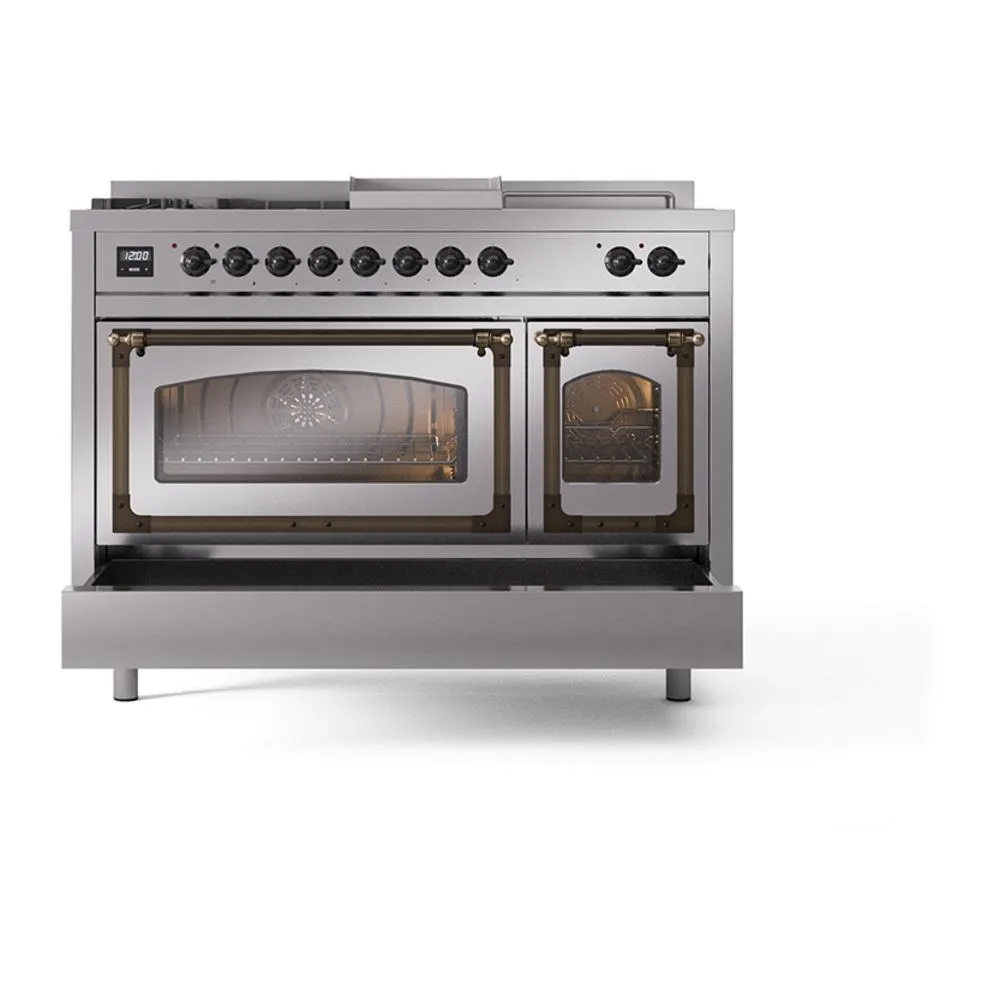 Ilve UN48FSNMPSSBLP Ilve Un48Fsnmpssblp Nostalgie Ii Noblesse 48" Dual Fuel Range (5 Sealed Burners   Griddle   French Top, Liquid Propane, Triple Glass Door, Stainless Steel, Burnished)