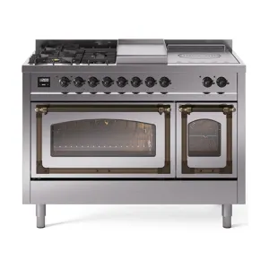 Ilve UN48FSNMPSSBLP Ilve Un48Fsnmpssblp Nostalgie Ii Noblesse 48" Dual Fuel Range (5 Sealed Burners   Griddle   French Top, Liquid Propane, Triple Glass Door, Stainless Steel, Burnished)