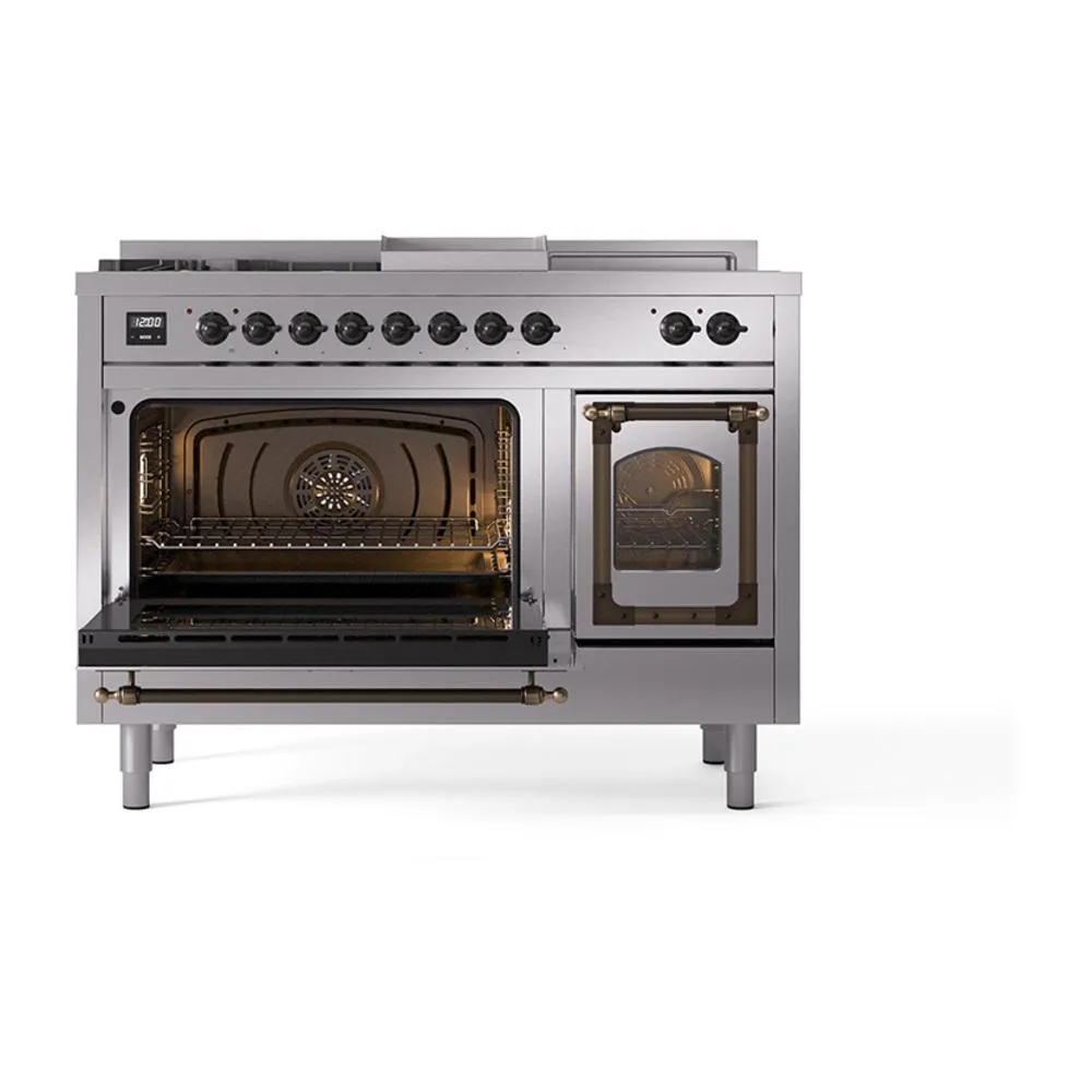 Ilve UN48FSNMPSSBLP Ilve Un48Fsnmpssblp Nostalgie Ii Noblesse 48" Dual Fuel Range (5 Sealed Burners   Griddle   French Top, Liquid Propane, Triple Glass Door, Stainless Steel, Burnished)