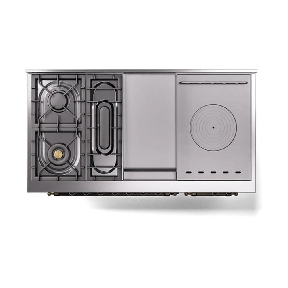 Ilve UN48FSNMPSSBLP Ilve Un48Fsnmpssblp Nostalgie Ii Noblesse 48" Dual Fuel Range (5 Sealed Burners   Griddle   French Top, Liquid Propane, Triple Glass Door, Stainless Steel, Burnished)