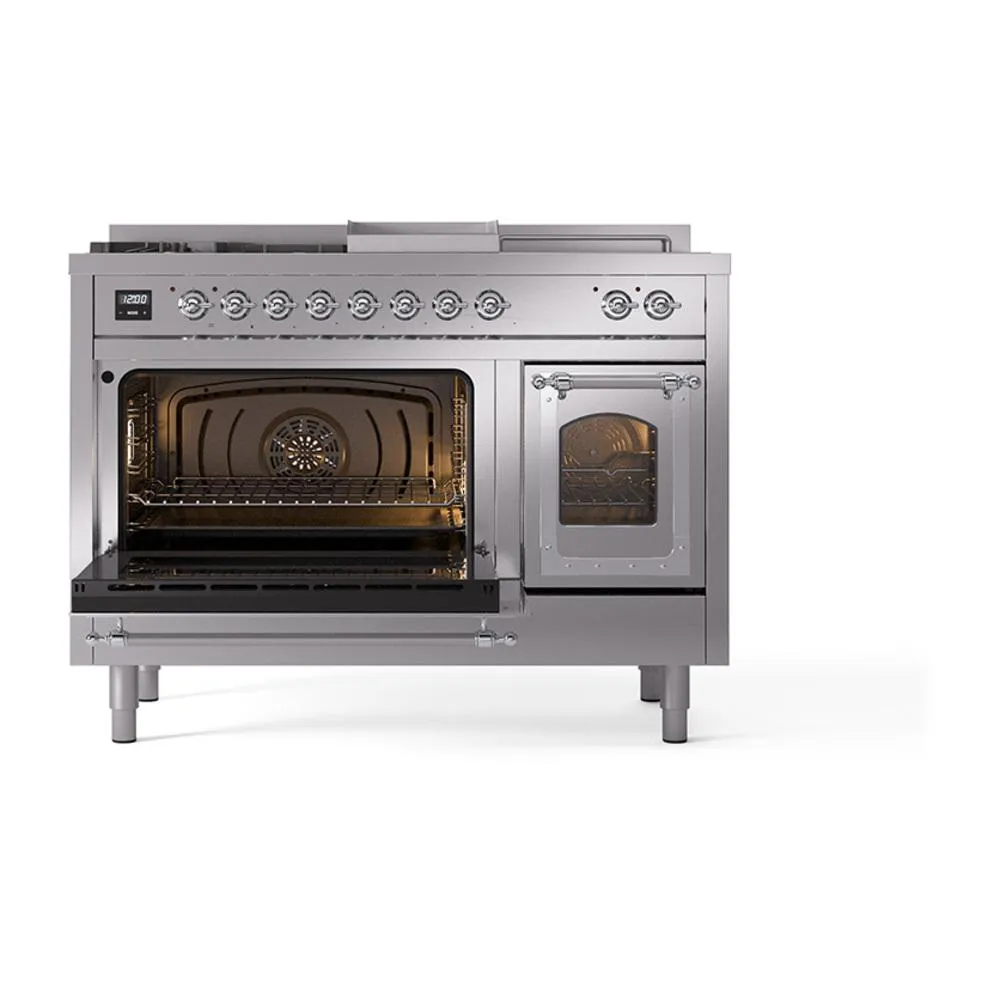 Ilve UN48FSNMPSSC Ilve Un48Fsnmpssc Nostalgie Ii Noblesse 48" Dual Fuel Range (5 Sealed Burners   Griddle   French Top, Natural Gas, Triple Glass Door, Stainless Steel, Chrome)
