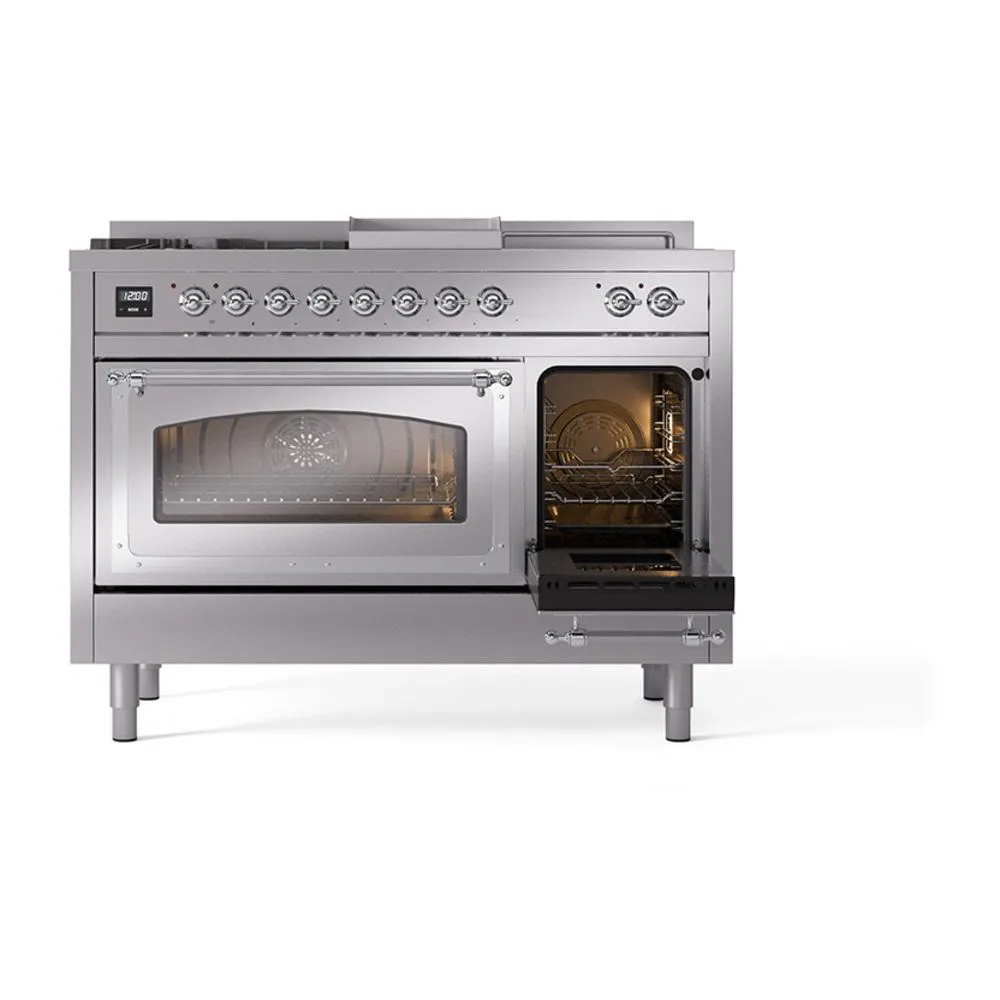 Ilve UN48FSNMPSSC Ilve Un48Fsnmpssc Nostalgie Ii Noblesse 48" Dual Fuel Range (5 Sealed Burners   Griddle   French Top, Natural Gas, Triple Glass Door, Stainless Steel, Chrome)