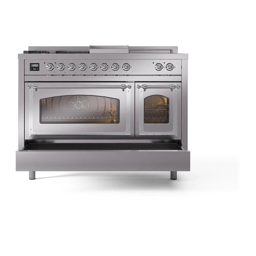 Ilve UN48FSNMPSSC Ilve Un48Fsnmpssc Nostalgie Ii Noblesse 48" Dual Fuel Range (5 Sealed Burners   Griddle   French Top, Natural Gas, Triple Glass Door, Stainless Steel, Chrome)