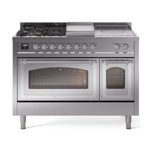 Ilve UN48FSNMPSSCLP Ilve Un48Fsnmpssclp Nostalgie Ii Noblesse 48" Dual Fuel Range (5 Sealed Burners   Griddle   French Top, Liquid Propane, Triple Glass Door, Stainless Steel, Chrome)