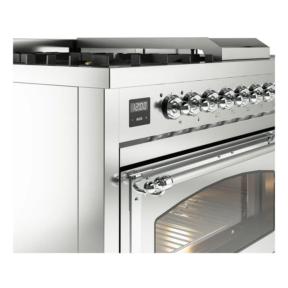 Ilve UN48FSNMPSSCLP Ilve Un48Fsnmpssclp Nostalgie Ii Noblesse 48" Dual Fuel Range (5 Sealed Burners   Griddle   French Top, Liquid Propane, Triple Glass Door, Stainless Steel, Chrome)