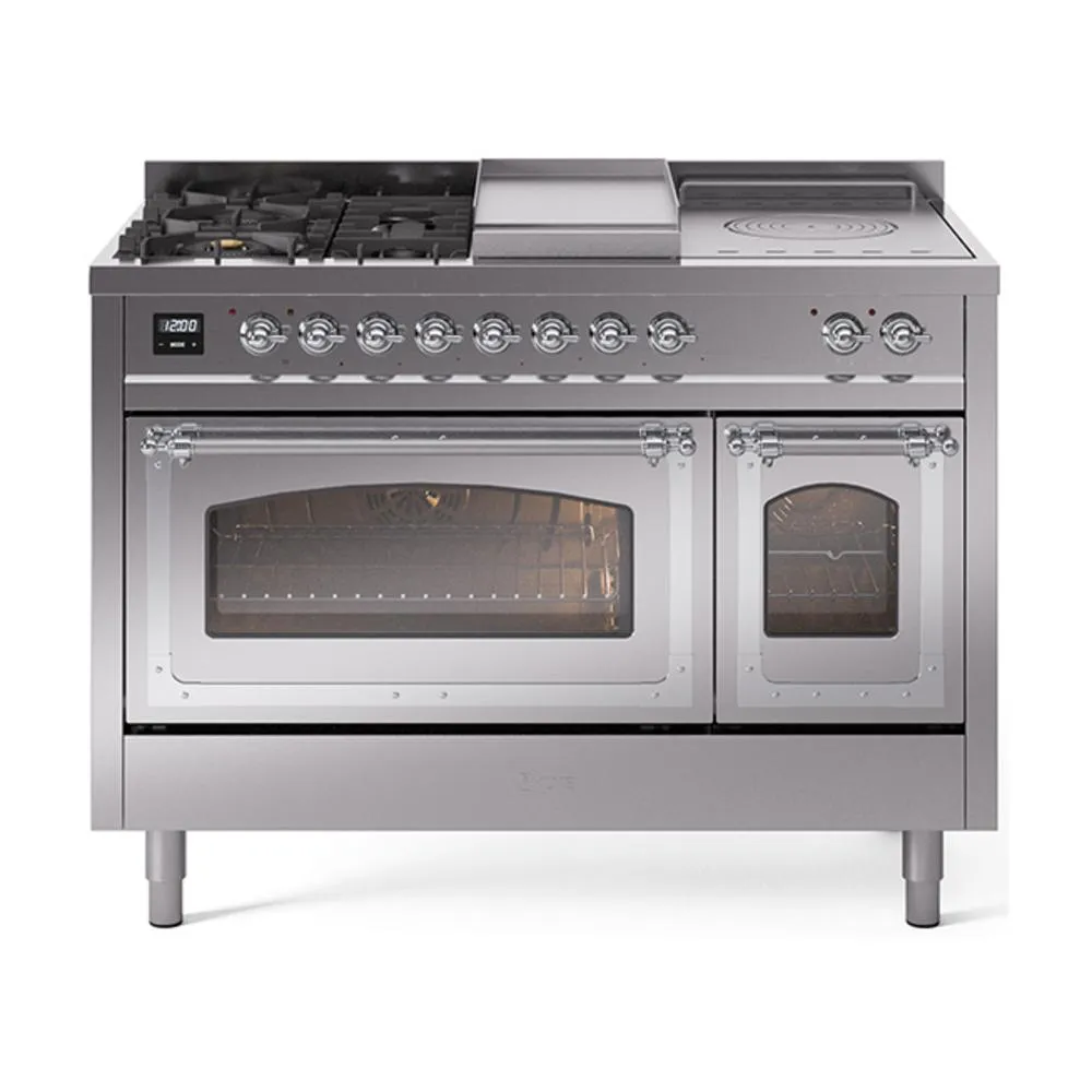 Ilve UN48FSNMPSSCLP Ilve Un48Fsnmpssclp Nostalgie Ii Noblesse 48" Dual Fuel Range (5 Sealed Burners   Griddle   French Top, Liquid Propane, Triple Glass Door, Stainless Steel, Chrome)
