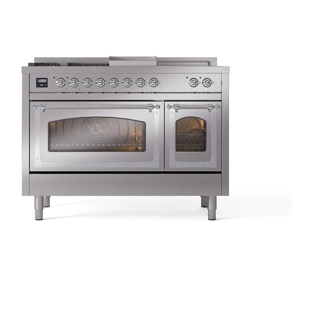 Ilve UN48FSNMPSSCLP Ilve Un48Fsnmpssclp Nostalgie Ii Noblesse 48" Dual Fuel Range (5 Sealed Burners   Griddle   French Top, Liquid Propane, Triple Glass Door, Stainless Steel, Chrome)