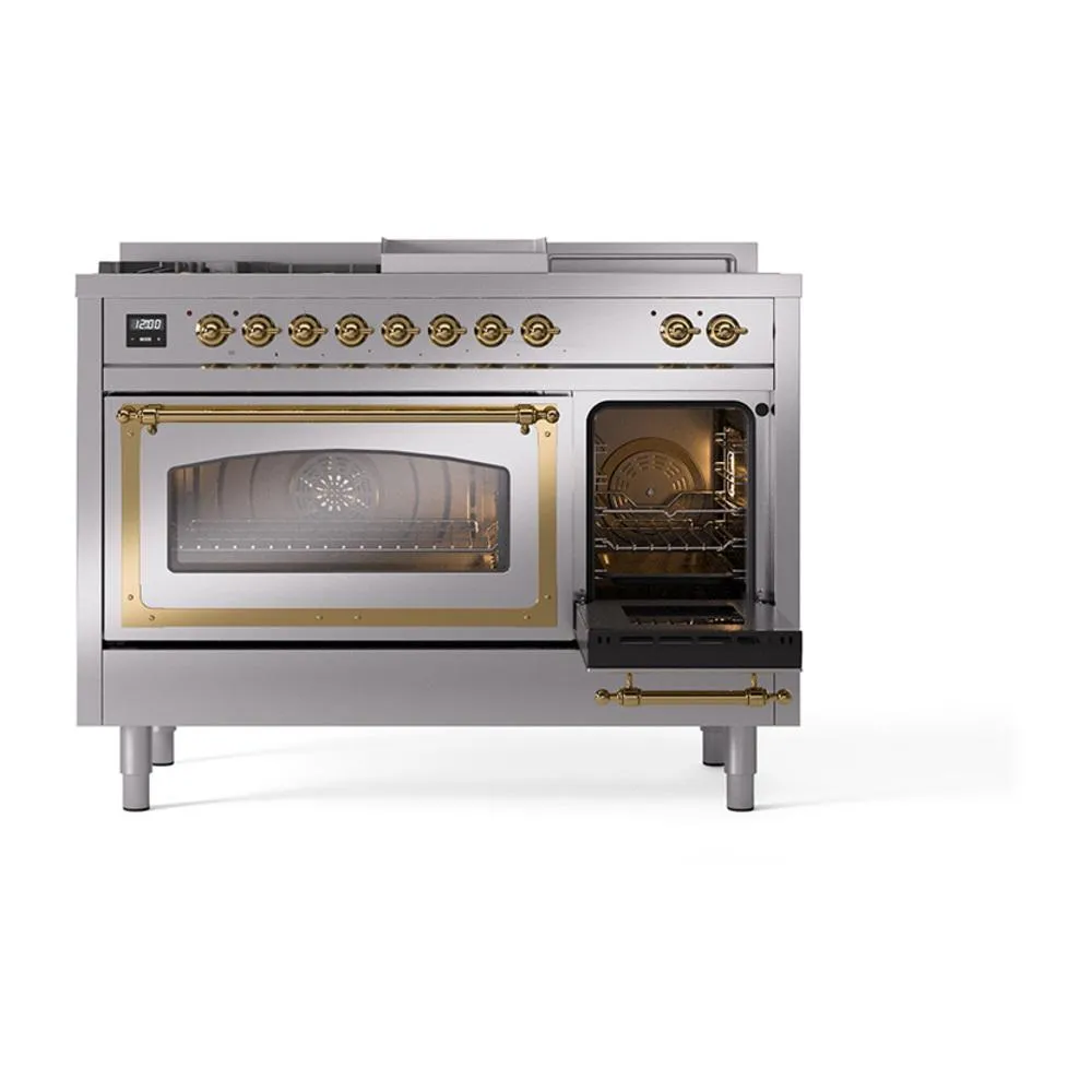 Ilve UN48FSNMPSSG Ilve Un48Fsnmpssg Nostalgie Ii Noblesse 48" Dual Fuel Range (5 Sealed Burners   Griddle   French Top, Natural Gas, Triple Glass Door, Stainless Steel, Brass)