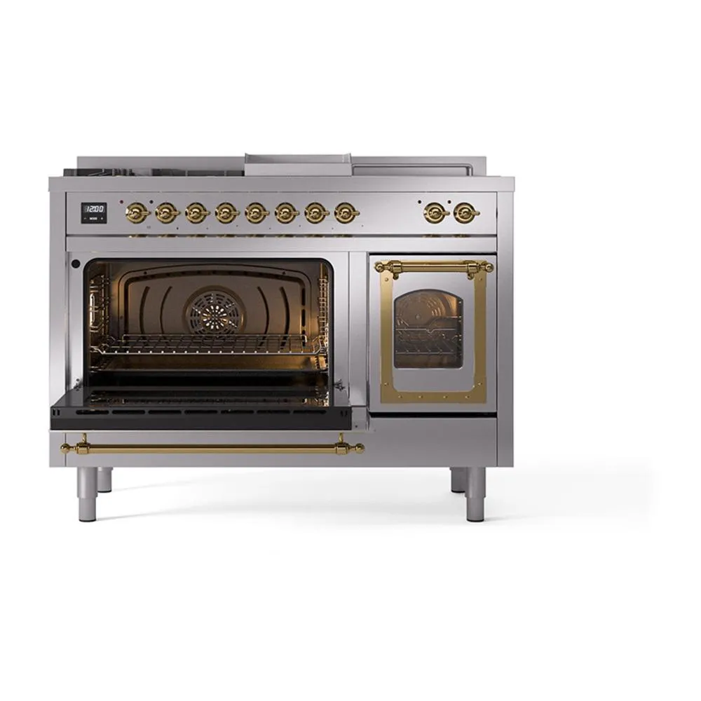 Ilve UN48FSNMPSSG Ilve Un48Fsnmpssg Nostalgie Ii Noblesse 48" Dual Fuel Range (5 Sealed Burners   Griddle   French Top, Natural Gas, Triple Glass Door, Stainless Steel, Brass)