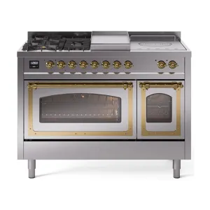 Ilve UN48FSNMPSSG Ilve Un48Fsnmpssg Nostalgie Ii Noblesse 48" Dual Fuel Range (5 Sealed Burners   Griddle   French Top, Natural Gas, Triple Glass Door, Stainless Steel, Brass)