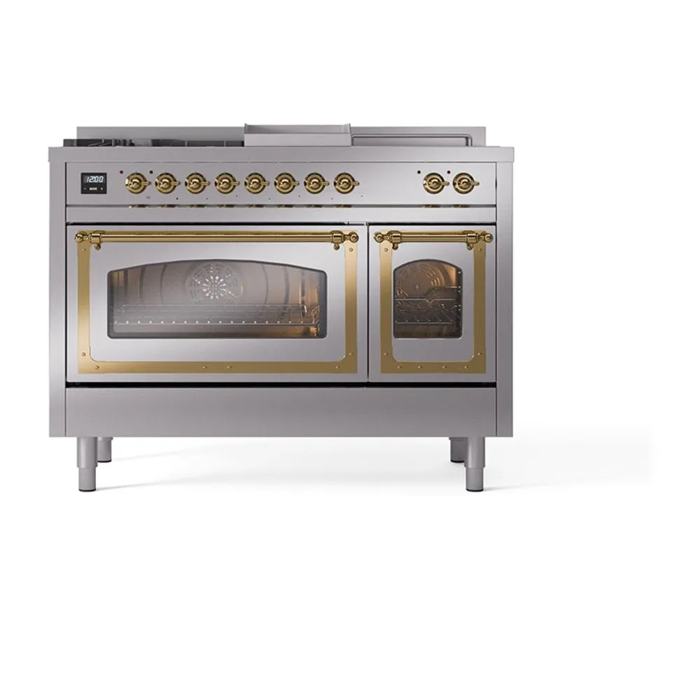 Ilve UN48FSNMPSSG Ilve Un48Fsnmpssg Nostalgie Ii Noblesse 48" Dual Fuel Range (5 Sealed Burners   Griddle   French Top, Natural Gas, Triple Glass Door, Stainless Steel, Brass)
