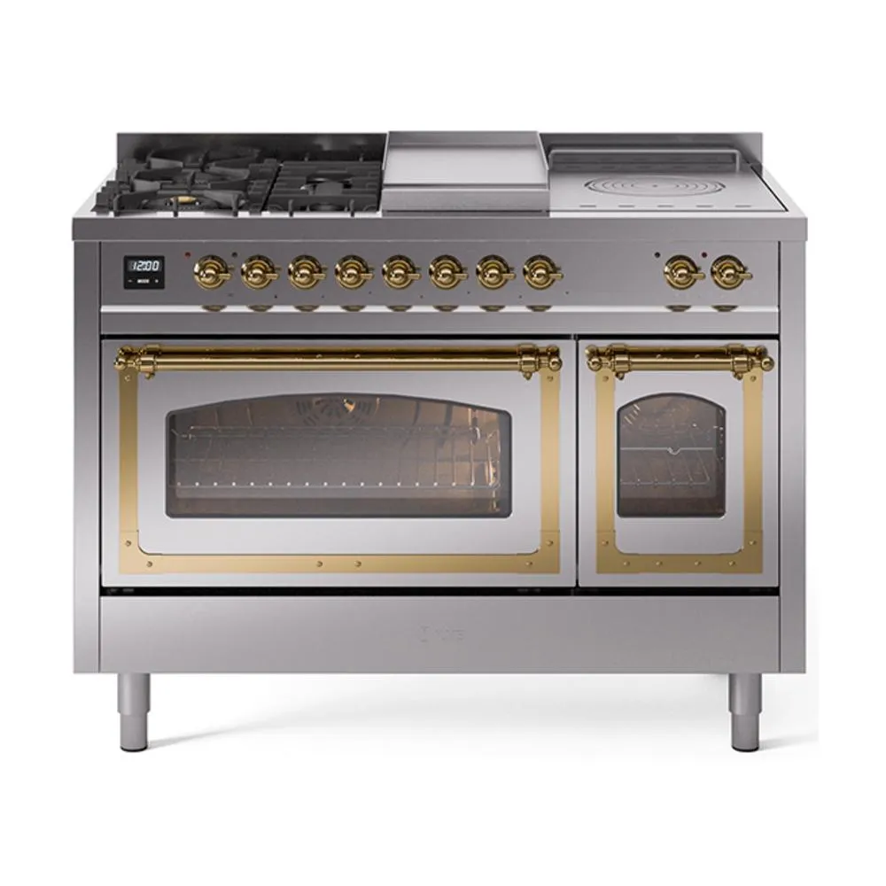 Ilve UN48FSNMPSSG Ilve Un48Fsnmpssg Nostalgie Ii Noblesse 48" Dual Fuel Range (5 Sealed Burners   Griddle   French Top, Natural Gas, Triple Glass Door, Stainless Steel, Brass)