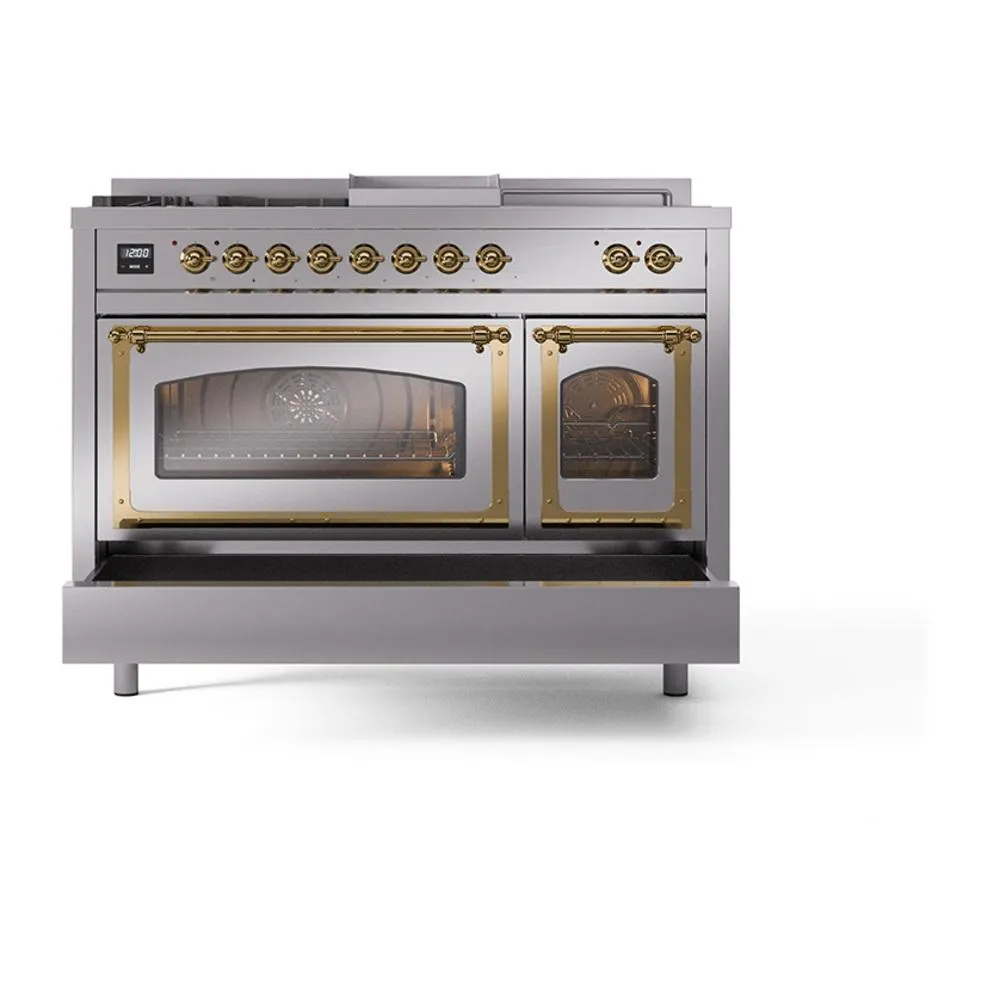 Ilve UN48FSNMPSSG Ilve Un48Fsnmpssg Nostalgie Ii Noblesse 48" Dual Fuel Range (5 Sealed Burners   Griddle   French Top, Natural Gas, Triple Glass Door, Stainless Steel, Brass)