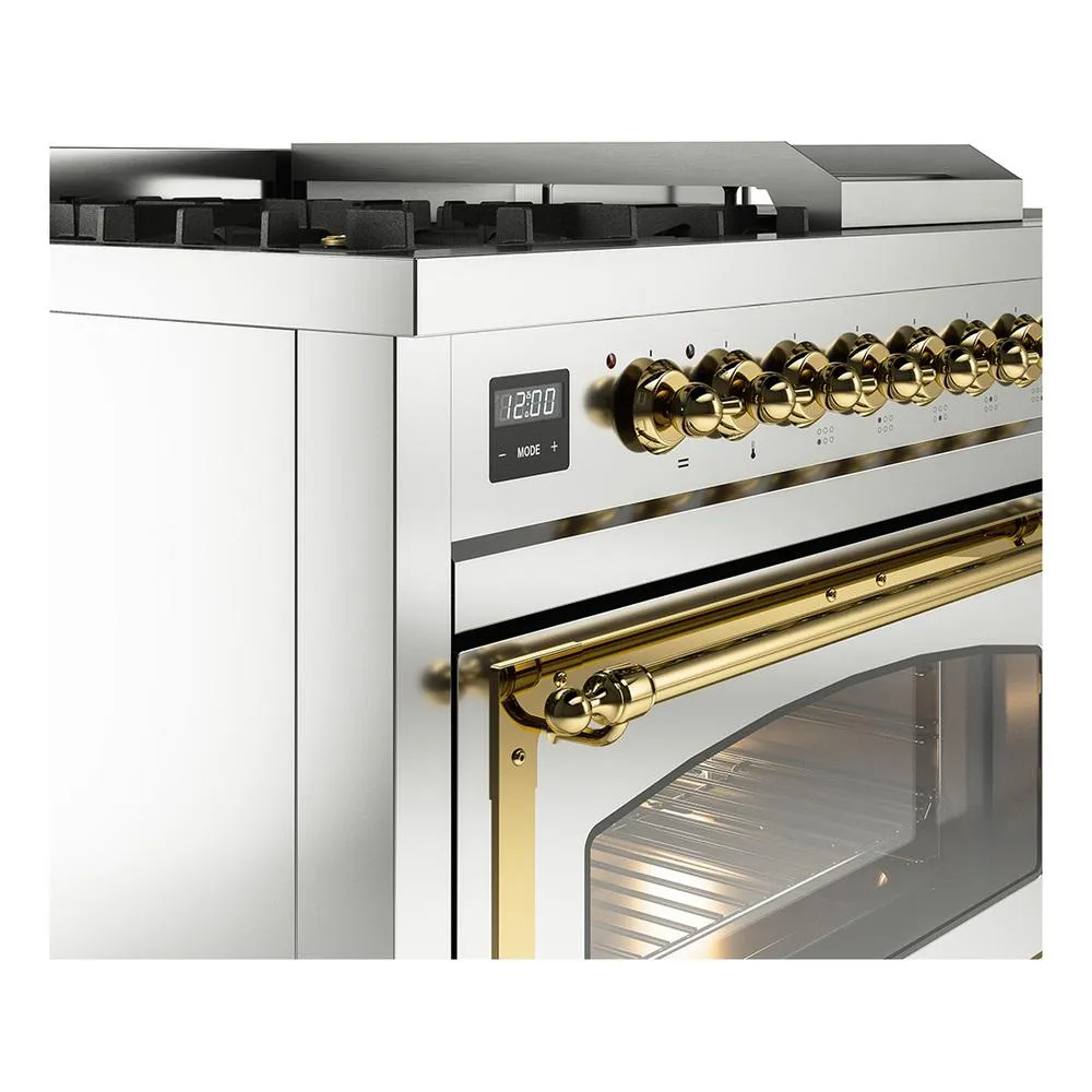 Ilve UN48FSNMPSSG Ilve Un48Fsnmpssg Nostalgie Ii Noblesse 48" Dual Fuel Range (5 Sealed Burners   Griddle   French Top, Natural Gas, Triple Glass Door, Stainless Steel, Brass)