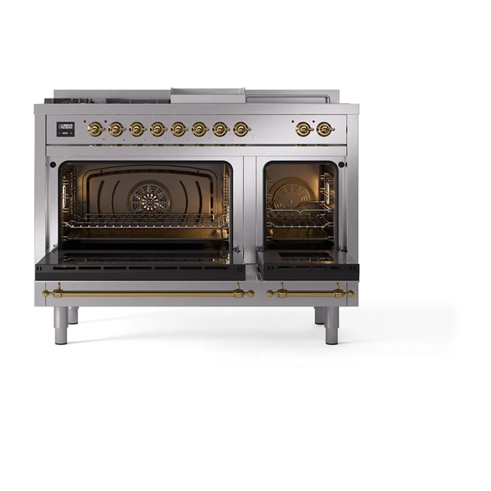 Ilve UN48FSNMPSSG Ilve Un48Fsnmpssg Nostalgie Ii Noblesse 48" Dual Fuel Range (5 Sealed Burners   Griddle   French Top, Natural Gas, Triple Glass Door, Stainless Steel, Brass)