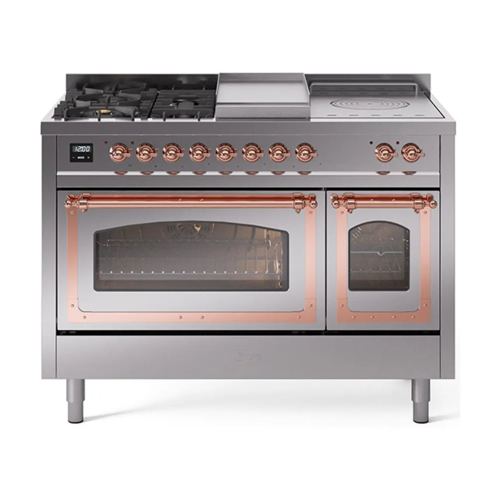 Ilve UN48FSNMPSSP Ilve Un48Fsnmpssp Nostalgie Ii Noblesse 48" Dual Fuel Range (5 Sealed Burners   Griddle   French Top, Natural Gas, Triple Glass Door, Stainless Steel, Copper)