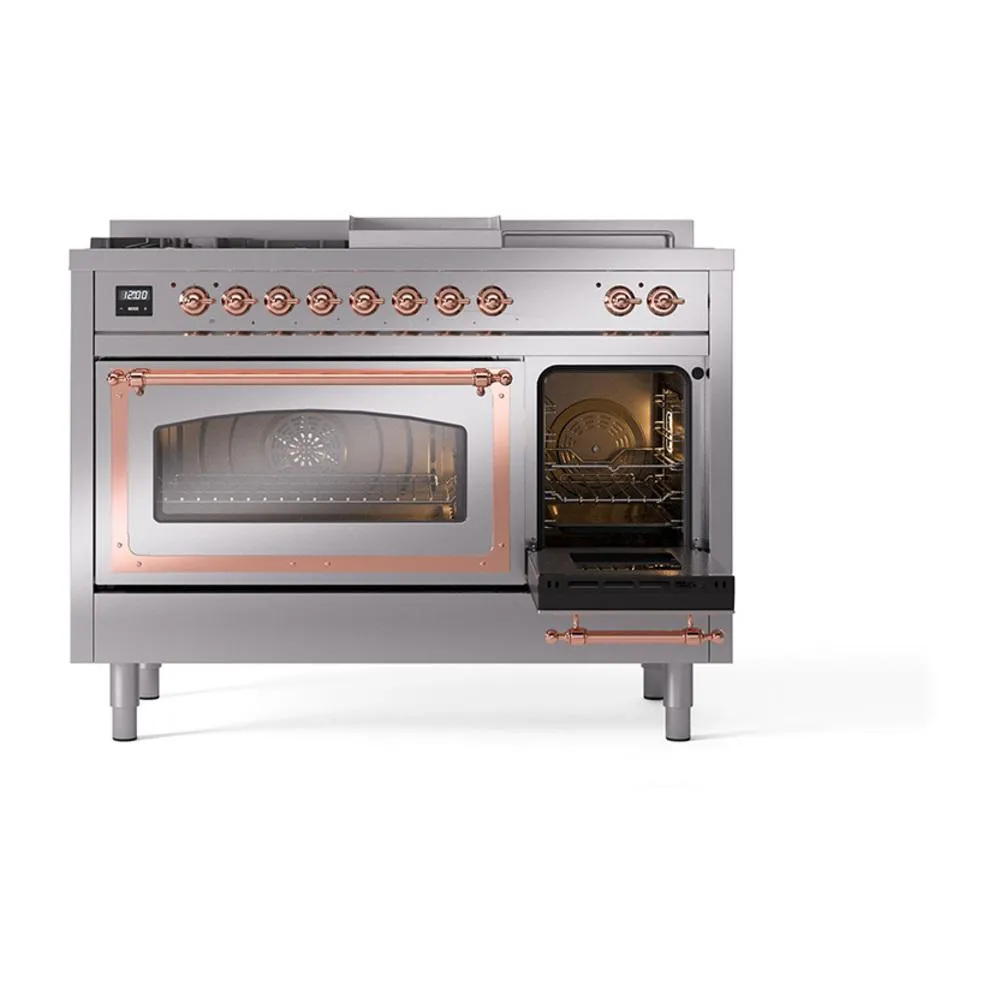 Ilve UN48FSNMPSSP Ilve Un48Fsnmpssp Nostalgie Ii Noblesse 48" Dual Fuel Range (5 Sealed Burners   Griddle   French Top, Natural Gas, Triple Glass Door, Stainless Steel, Copper)