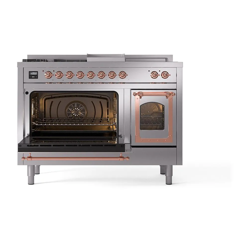 Ilve UN48FSNMPSSP Ilve Un48Fsnmpssp Nostalgie Ii Noblesse 48" Dual Fuel Range (5 Sealed Burners   Griddle   French Top, Natural Gas, Triple Glass Door, Stainless Steel, Copper)