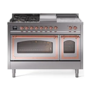 Ilve UN48FSNMPSSP Ilve Un48Fsnmpssp Nostalgie Ii Noblesse 48" Dual Fuel Range (5 Sealed Burners   Griddle   French Top, Natural Gas, Triple Glass Door, Stainless Steel, Copper)