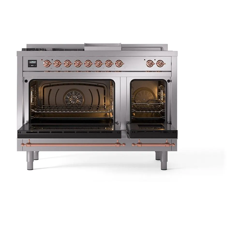 Ilve UN48FSNMPSSP Ilve Un48Fsnmpssp Nostalgie Ii Noblesse 48" Dual Fuel Range (5 Sealed Burners   Griddle   French Top, Natural Gas, Triple Glass Door, Stainless Steel, Copper)
