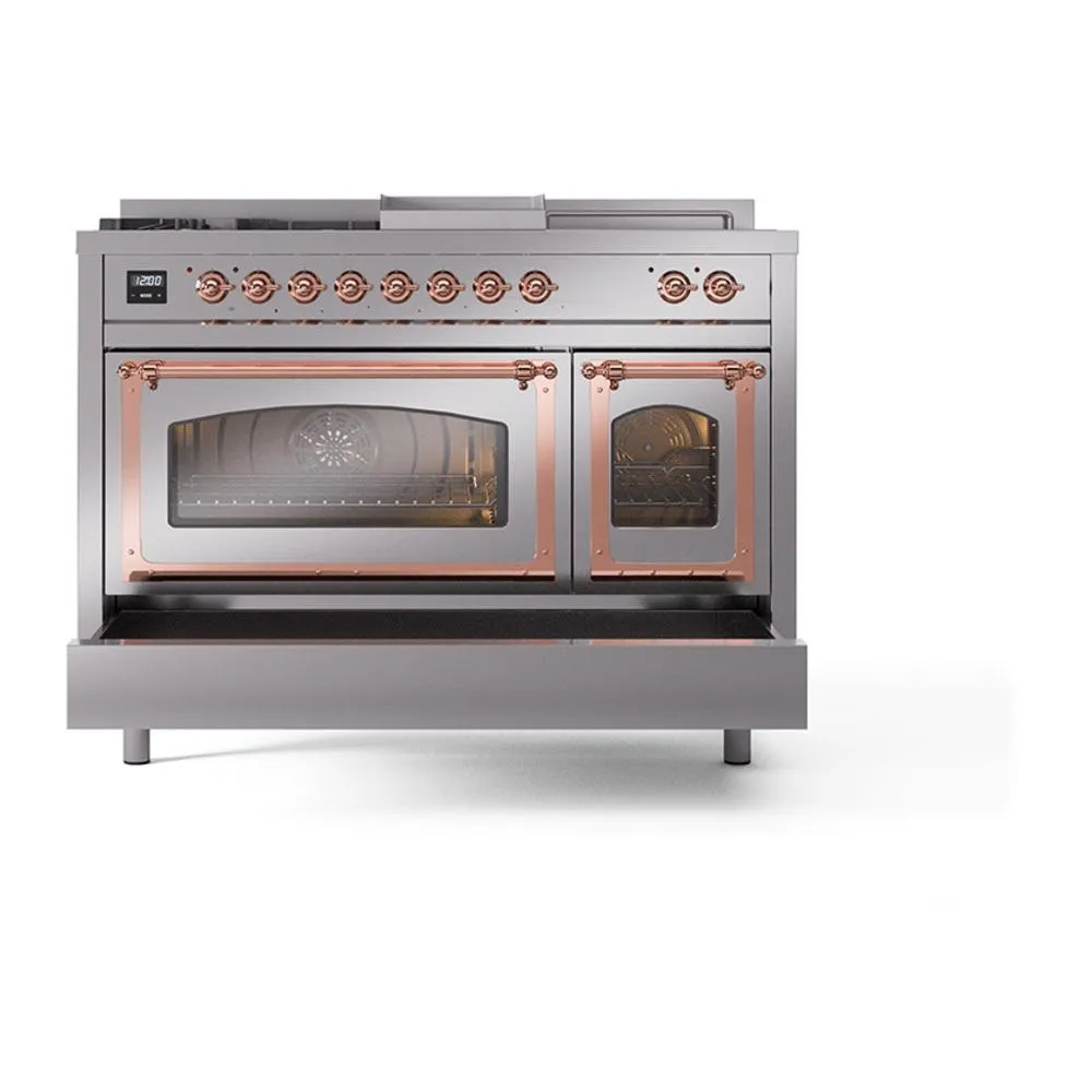 Ilve UN48FSNMPSSP Ilve Un48Fsnmpssp Nostalgie Ii Noblesse 48" Dual Fuel Range (5 Sealed Burners   Griddle   French Top, Natural Gas, Triple Glass Door, Stainless Steel, Copper)