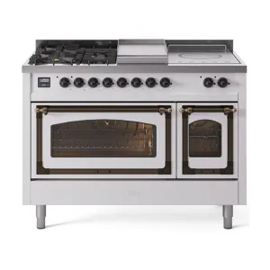 Ilve UN48FSNMPWHBLP Ilve Un48Fsnmpwhblp Nostalgie Ii Noblesse 48" Dual Fuel Range (5 Sealed Burners   Griddle   French Top, Liquid Propane, Triple Glass Door, White, Burnished)